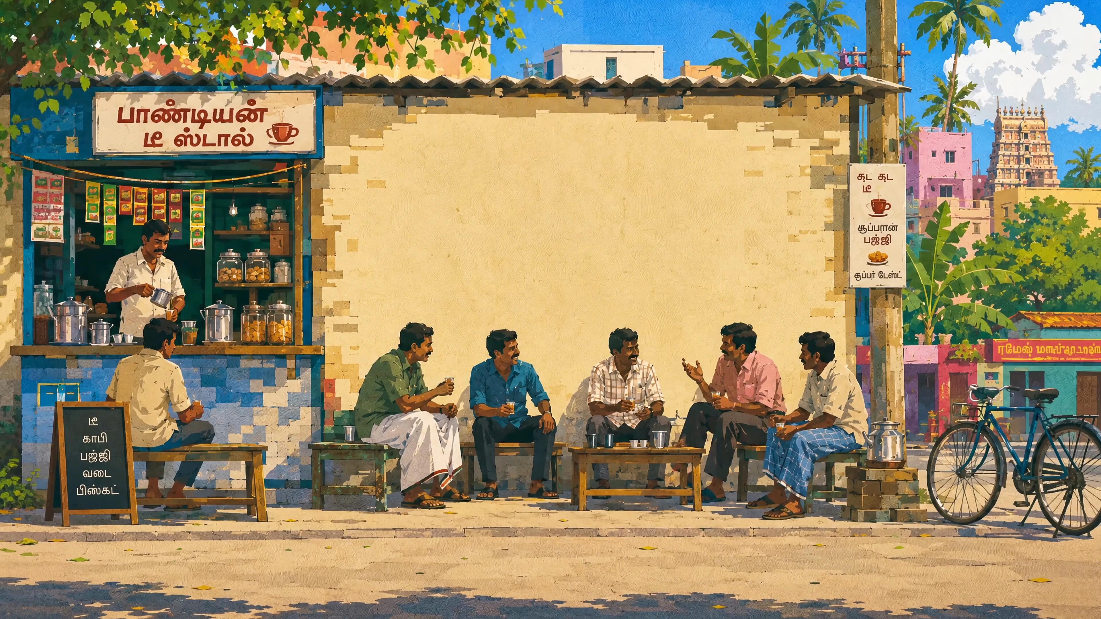 Chennai roadside tea kadai at evening, with tumblers, plastic chairs, and street traffic